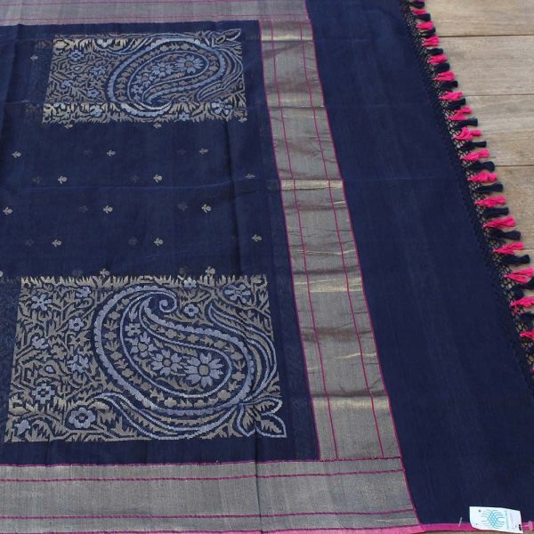 Navy Blue Pure Cotton Banarasi Handloom Dupatta For Cheap