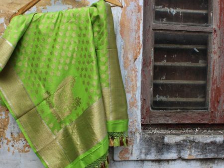 Parrot Green Pure Katan Silk Banarasi Handloom Dupatta For Sale