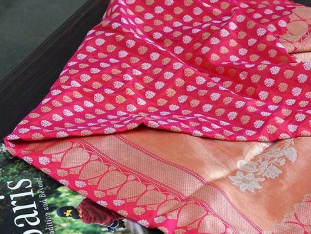 Orange-Indian Pink Pure Katan Silk Banarasi Handloom Saree Discount