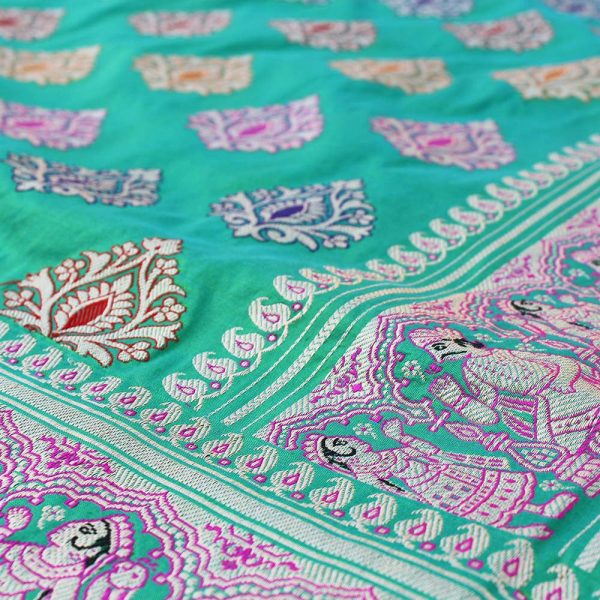 Sea Green Pure Katan Silk Banarasi Handloom Saree Discount