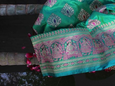 Sea Green Pure Katan Silk Banarasi Handloom Saree Discount