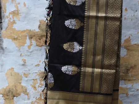 Black Pure Katan Silk Banarasi Handloom Dupatta Supply