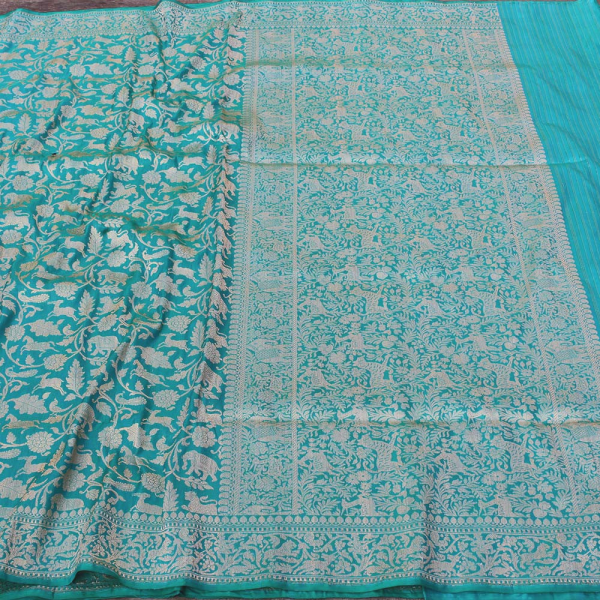 Ferozi Blue Pure Katan Silk Banarasi Shikaargah Handloom Saree Cheap