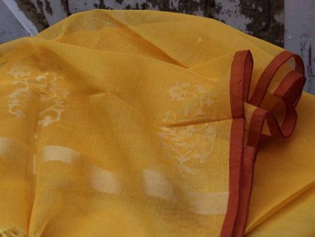 Yellow Pure Cotton Real Zari Banarasi Handloom Stole For Sale