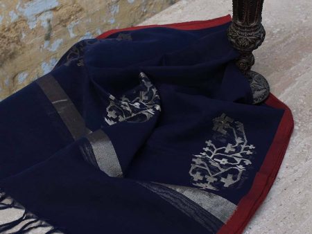 Navy Blue Pure Cotton Real Zari Banarasi Handloom Stole Discount