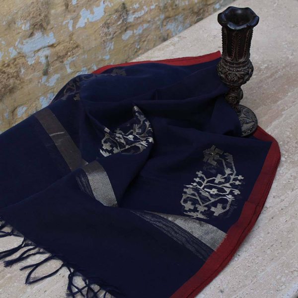 Navy Blue Pure Cotton Real Zari Banarasi Handloom Stole Discount