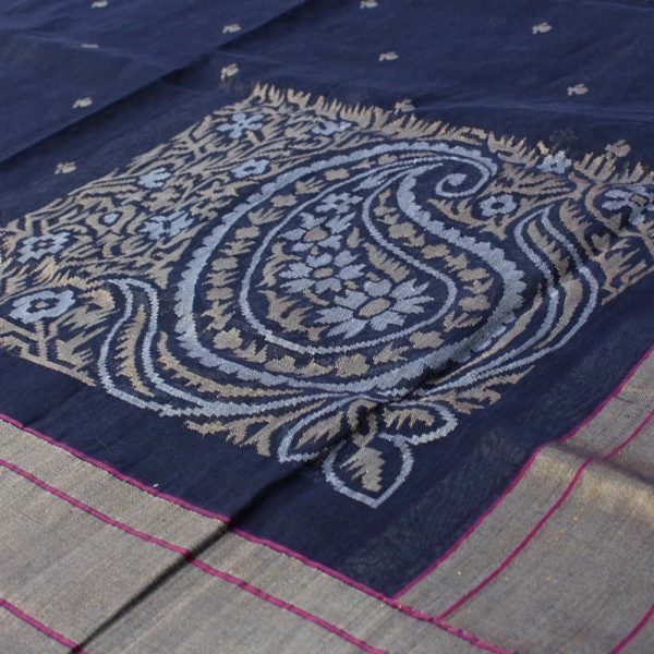 Navy Blue Pure Cotton Banarasi Handloom Dupatta For Cheap