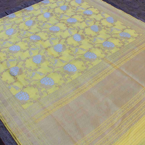 Lemon Yellow Pure Katan Silk Banarasi Handloom Saree For Sale