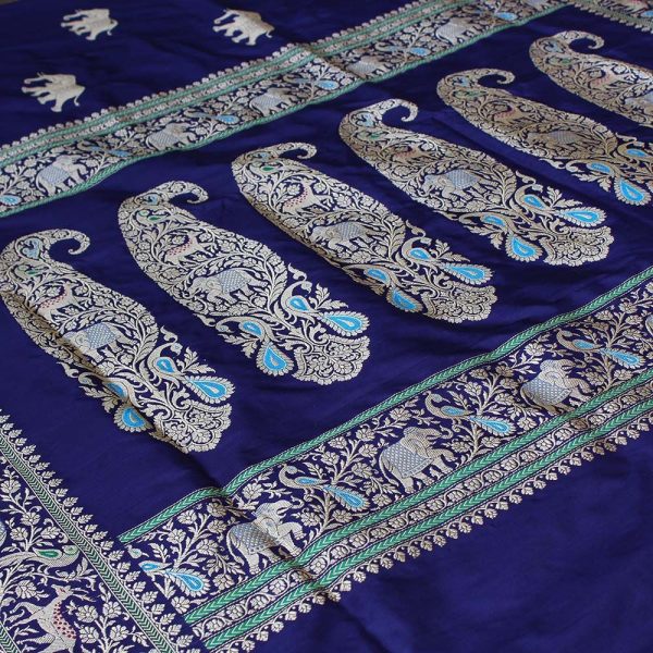 Navy Blue Pure Katan Silk Banarasi Handloom Saree Sale