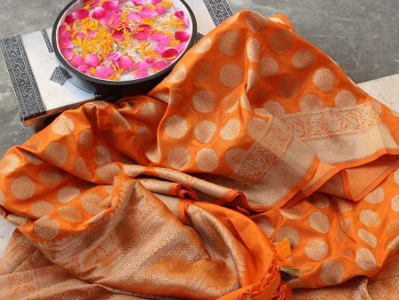 Orange Pure Katan Silk Banarasi Handloom Dupatta Supply