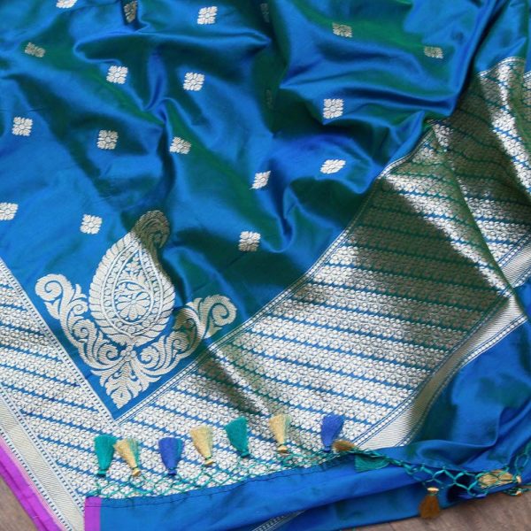 Green-Royal Blue Pure Katan Silk Banarasi Handloom Dupatta Fashion