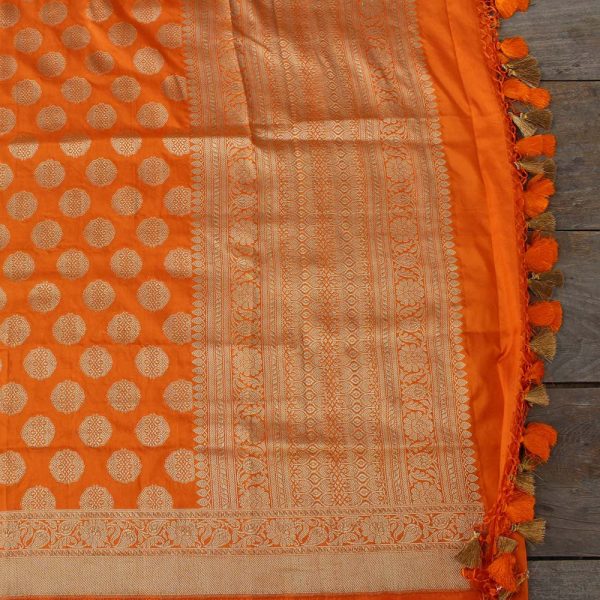 Orange Pure Katan Silk Banarasi Handloom Dupatta Supply