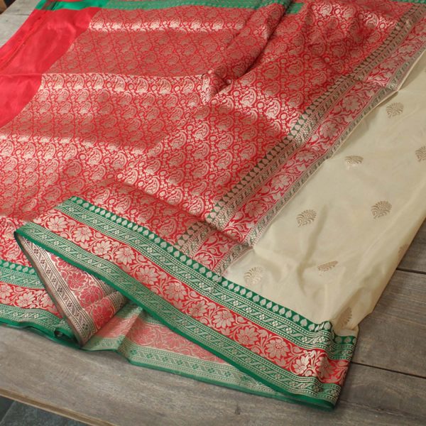 Off White Katan with Red Satin Banarasi Handloom Saree Sale