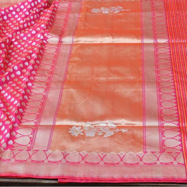 Orange-Indian Pink Pure Katan Silk Banarasi Handloom Saree Discount