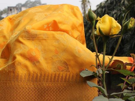 Yellow-Orange Pure Katan Silk Banarasi Handloom Saree Cheap