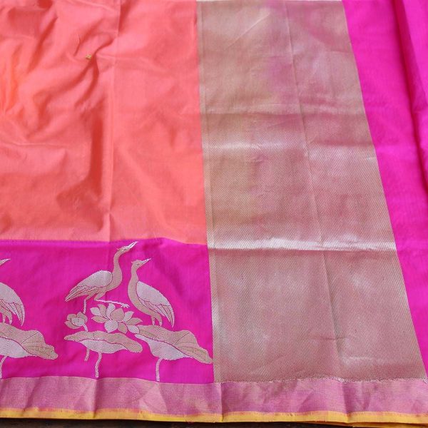 Peach Pure Katan Silk Banarasi Handloom Saree For Sale