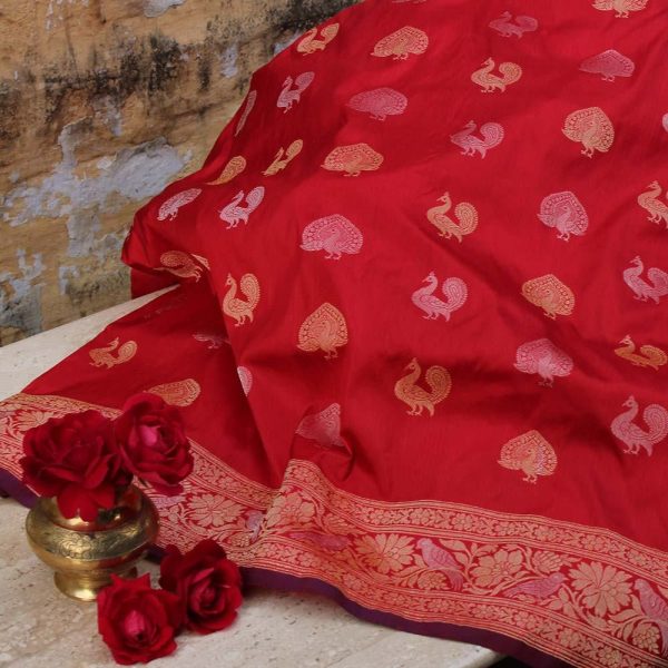 Red Pure Katan Silk Banarasi Handloom Saree Sale