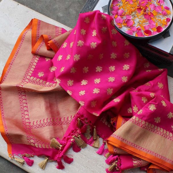 Rani Pink Pure Katan Silk Banarasi Handloom Dupatta Supply