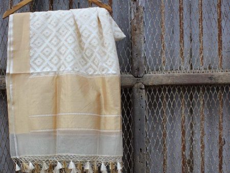 Gold-White Pure Kora Net Banarasi Handloom Dupatta Online