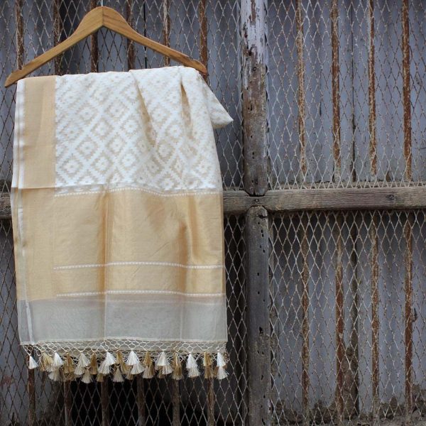 Gold-White Pure Kora Net Banarasi Handloom Dupatta Online