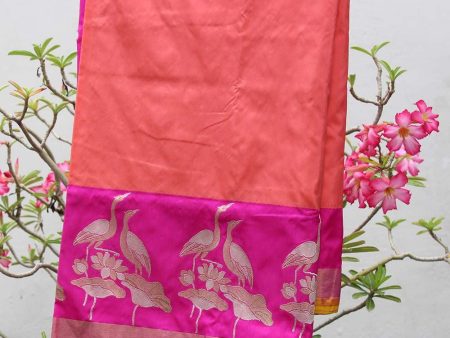 Peach Pure Katan Silk Banarasi Handloom Saree For Sale