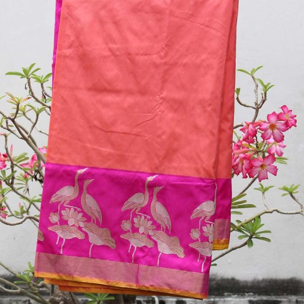 Peach Pure Katan Silk Banarasi Handloom Saree For Sale