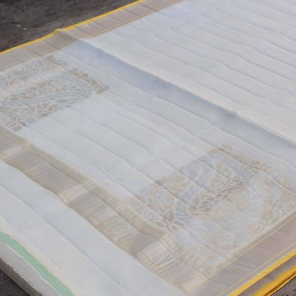 White Pure Kora Silk Real Zari Banarasi Handloom Saree Discount