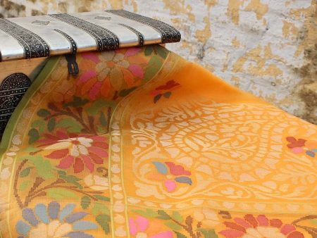 Yellow Pure Kora Silk Real Zari Banarasi Handloom Saree Fashion