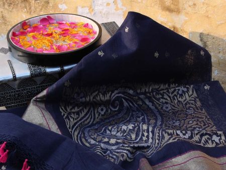 Navy Blue Pure Cotton Banarasi Handloom Dupatta For Cheap