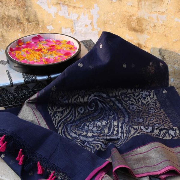 Navy Blue Pure Cotton Banarasi Handloom Dupatta For Cheap