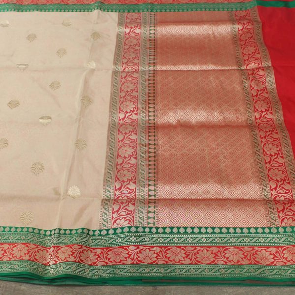 Off White Katan with Red Satin Banarasi Handloom Saree Sale