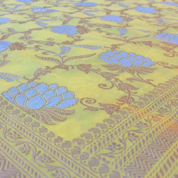 Lemon Yellow Pure Katan Silk Banarasi Handloom Saree For Sale