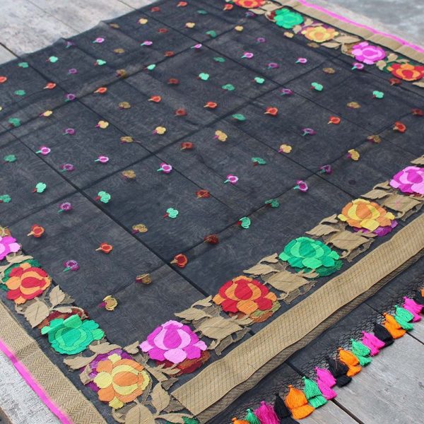 Black Pure Kora Net Banarasi Handloom Dupatta Discount