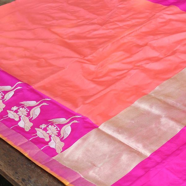 Peach Pure Katan Silk Banarasi Handloom Saree For Sale