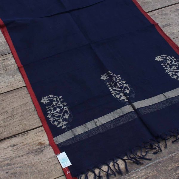 Navy Blue Pure Cotton Real Zari Banarasi Handloom Stole Discount