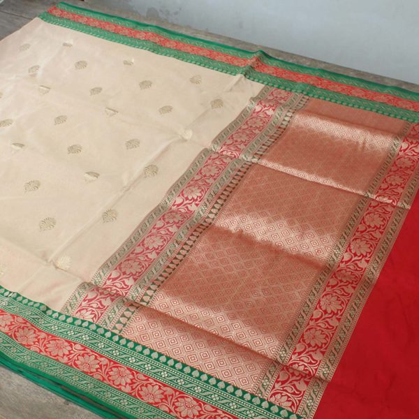 Off White Katan with Red Satin Banarasi Handloom Saree Sale