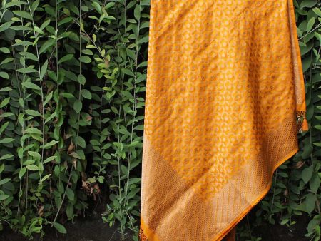 Orangish-Yellow Pure Katan Silk Banarasi Handloom Dupatta For Discount