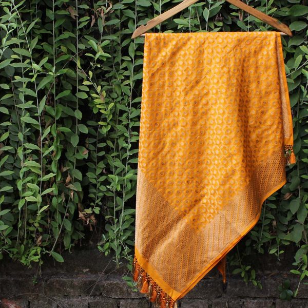 Orangish-Yellow Pure Katan Silk Banarasi Handloom Dupatta For Discount