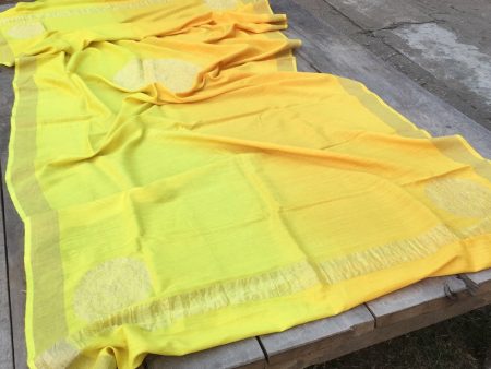 Yellow Ombre Pure Monga Silk Banarasi Handloom Dupatta Cheap