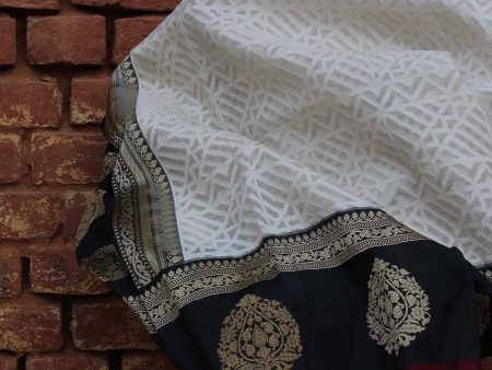 White-Black Pure Kora Silk Banarasi Handloom Saree Cheap