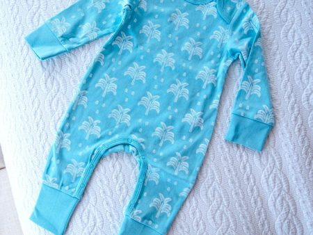 Organic Cotton Baby Sleepsuit - Aquatic Blue Palms and Pineapples For Sale