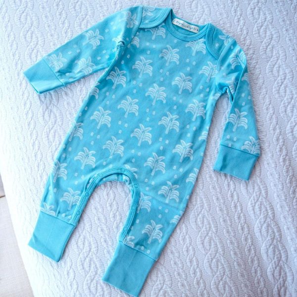 Organic Cotton Baby Sleepsuit - Aquatic Blue Palms and Pineapples For Sale