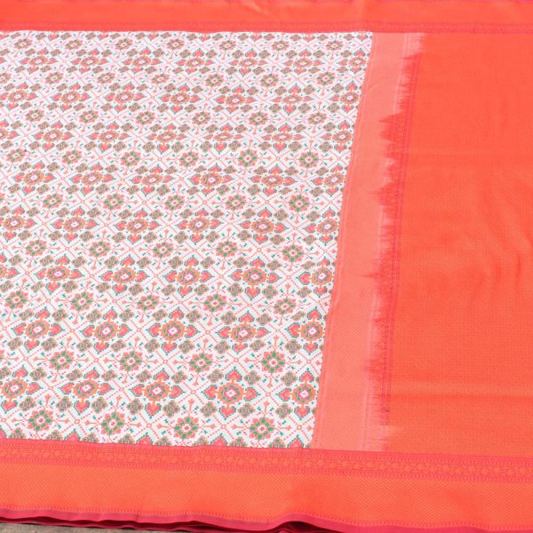 White-Orange Pure Katan Silk Banarasi Patola Handloom Saree For Cheap