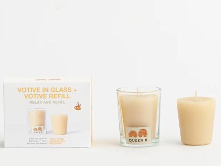 Queen B Beeswax Candle Votive in Glass + Refill Pack Sale