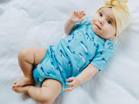 Organic Cotton Summer Short-Sleeve Onesie - Watercolour Whale Pods in Aquatic Blue For Discount