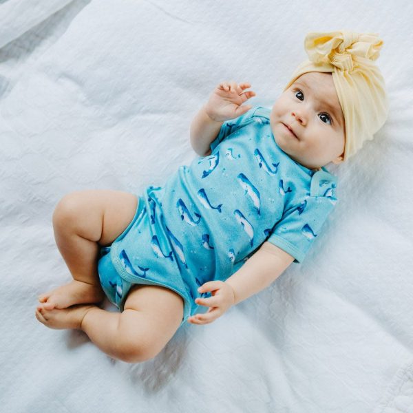 Organic Cotton Summer Short-Sleeve Onesie - Watercolour Whale Pods in Aquatic Blue For Discount