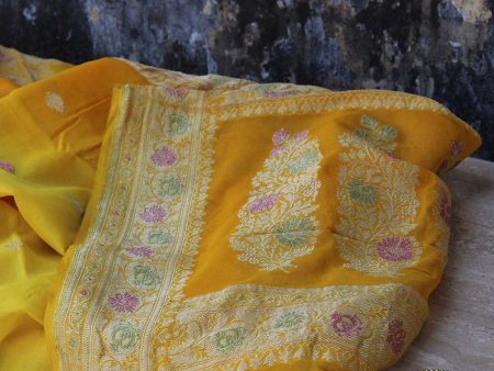 Yellow-Orange Pure Chiffon Georgette Banarasi Handloom Dupatta Supply