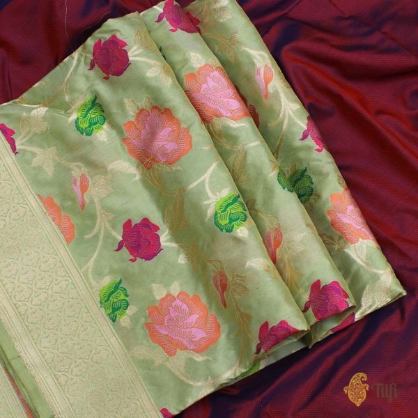 Light Sage Green Pure Katan Silk Banarasi Handloom Dupatta Sale