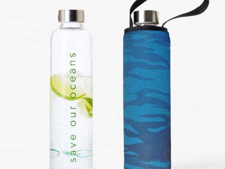 BBBYO Glass Water Bottle with cover 750ml - Sea Print Hot on Sale