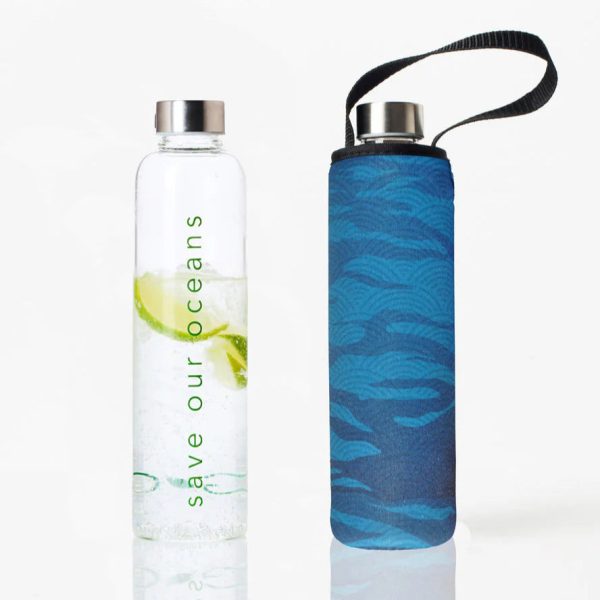 BBBYO Glass Water Bottle with cover 750ml - Sea Print Hot on Sale